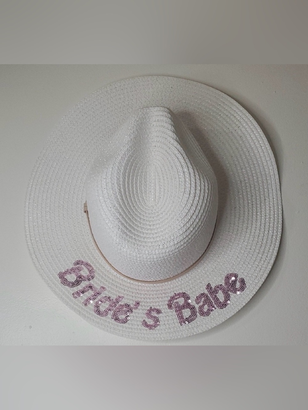 Simply Southern White Straw Wide-Brim 'Bride's Babe' Hat with Pink Glitter NWT